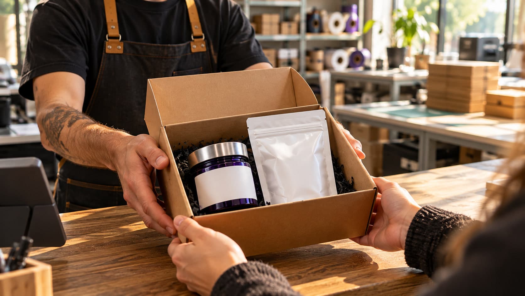 A kraft mailer box handed across the counter, a labeled purple jar and a white pouch nested in black crinkle fill — void fill that matches the brand