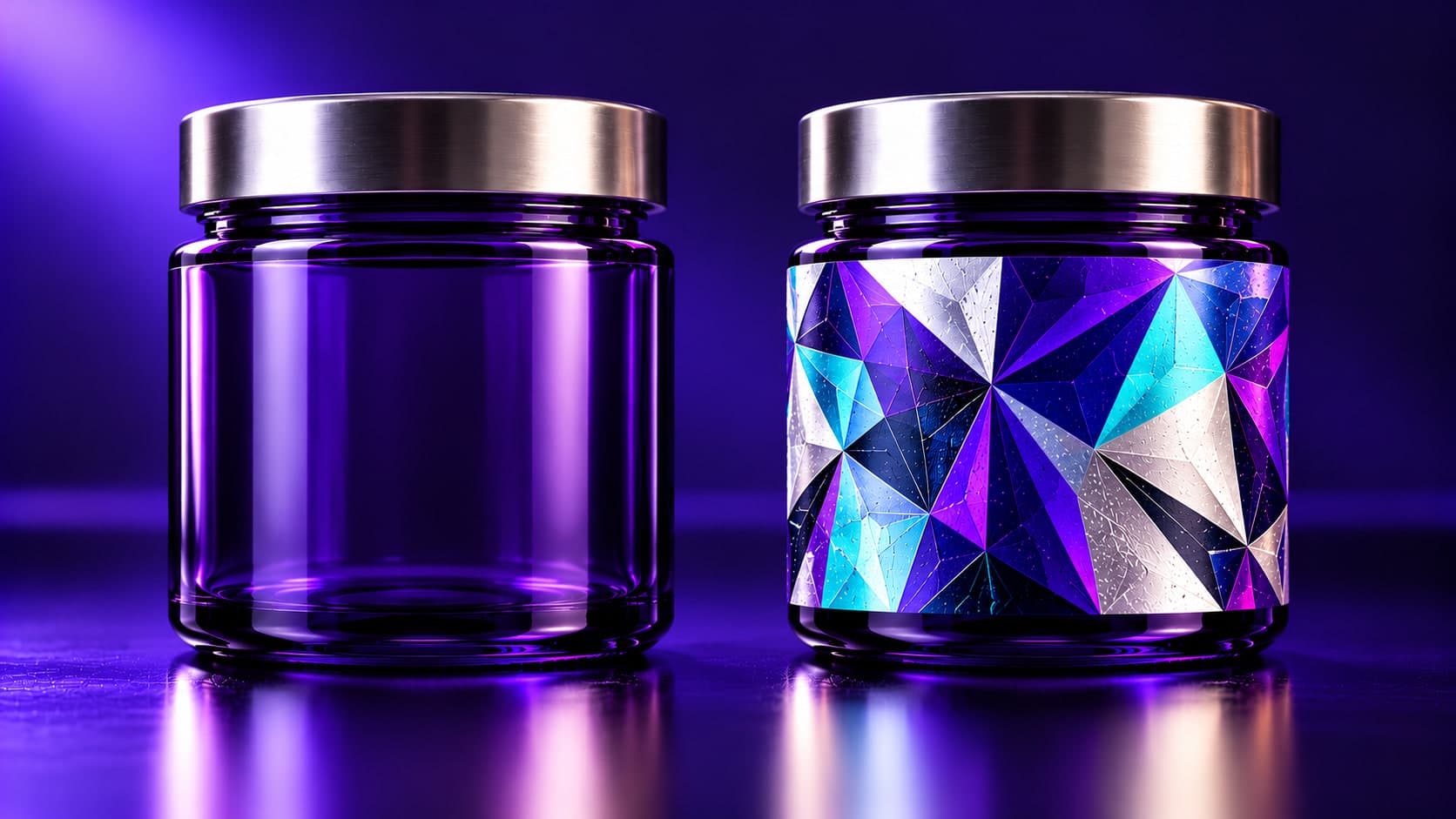 Sample design: a blank purple jar beside the same jar wrapped in the faceted Prism label