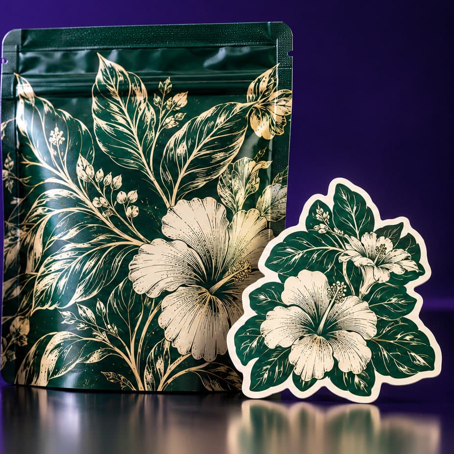 Sample design (Botanic): dark green stand-up pouch and die-cut sticker with cream botanical line art