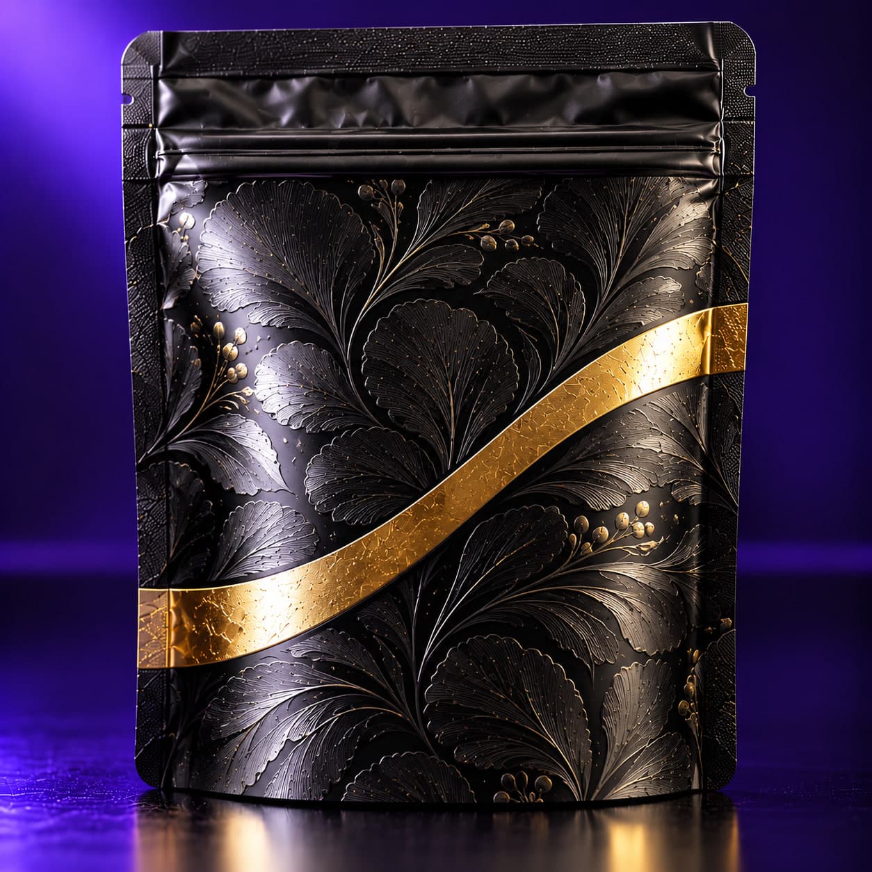 Sample design: close-up of the black Noir stand-up pouch with embossed foliage and a gold band