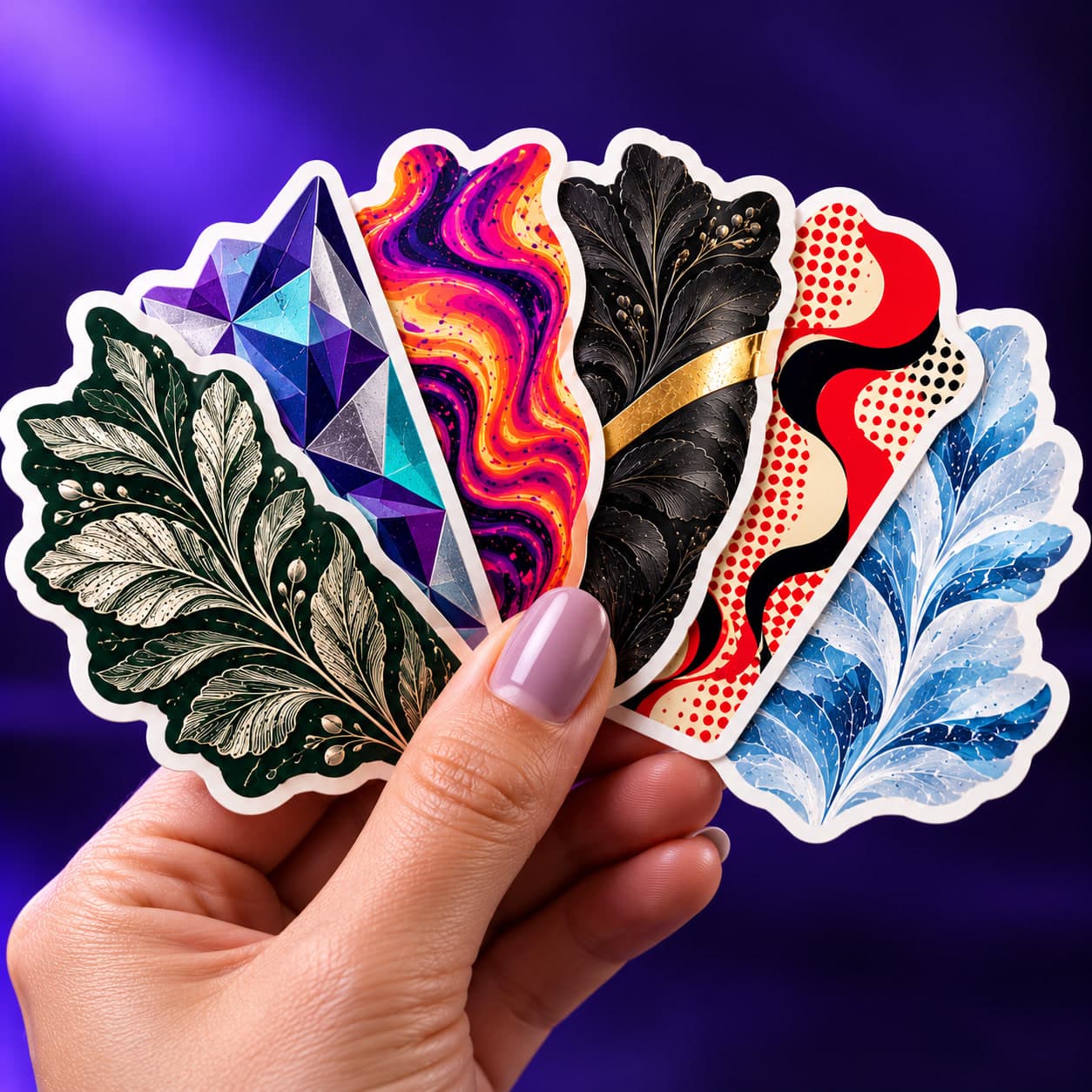 Sample design: a hand fanning out five die-cut stickers, one from each house design