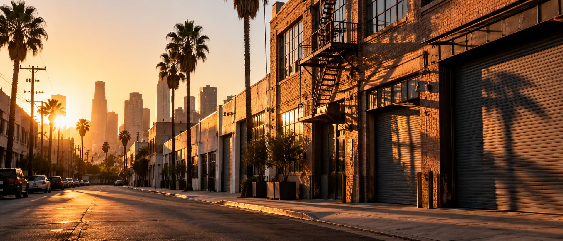 A Downtown Los Angeles warehouse street at golden hour, palm trees and the skyline catching the last light