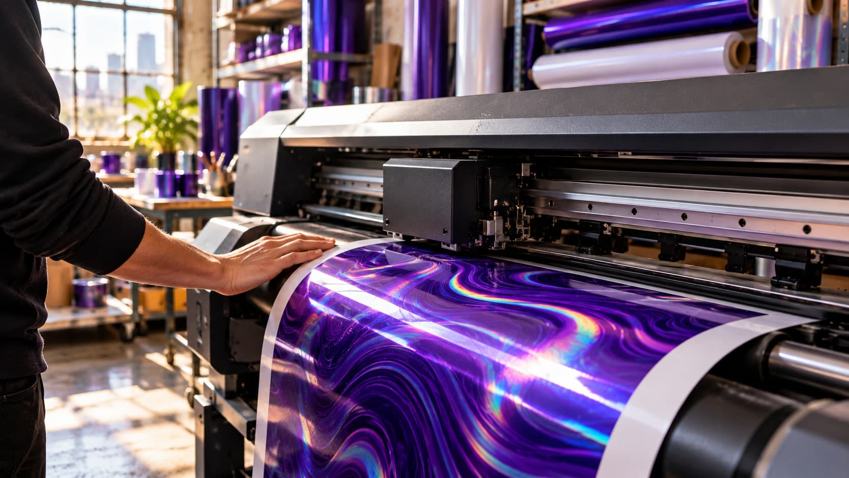 A wide-format printer feeding out a sheet of holographic violet print, a hand guiding the roll