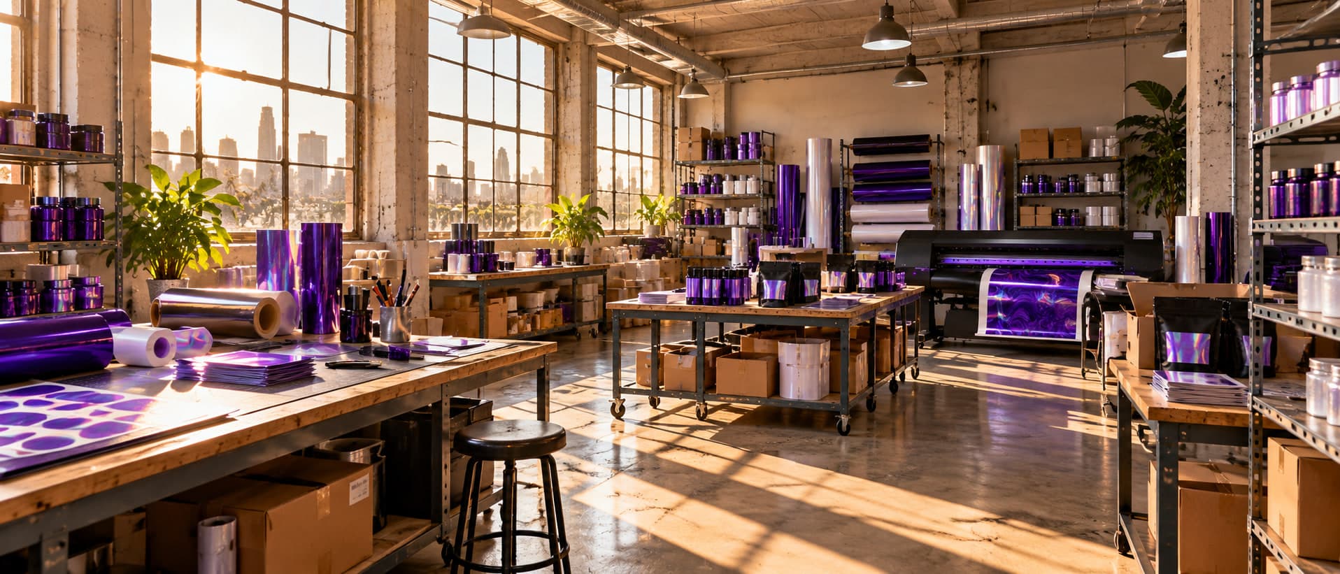 Sunlit workshop with wooden benches, shelves of jars and rolls of holographic film, and a wide-format printer at the back