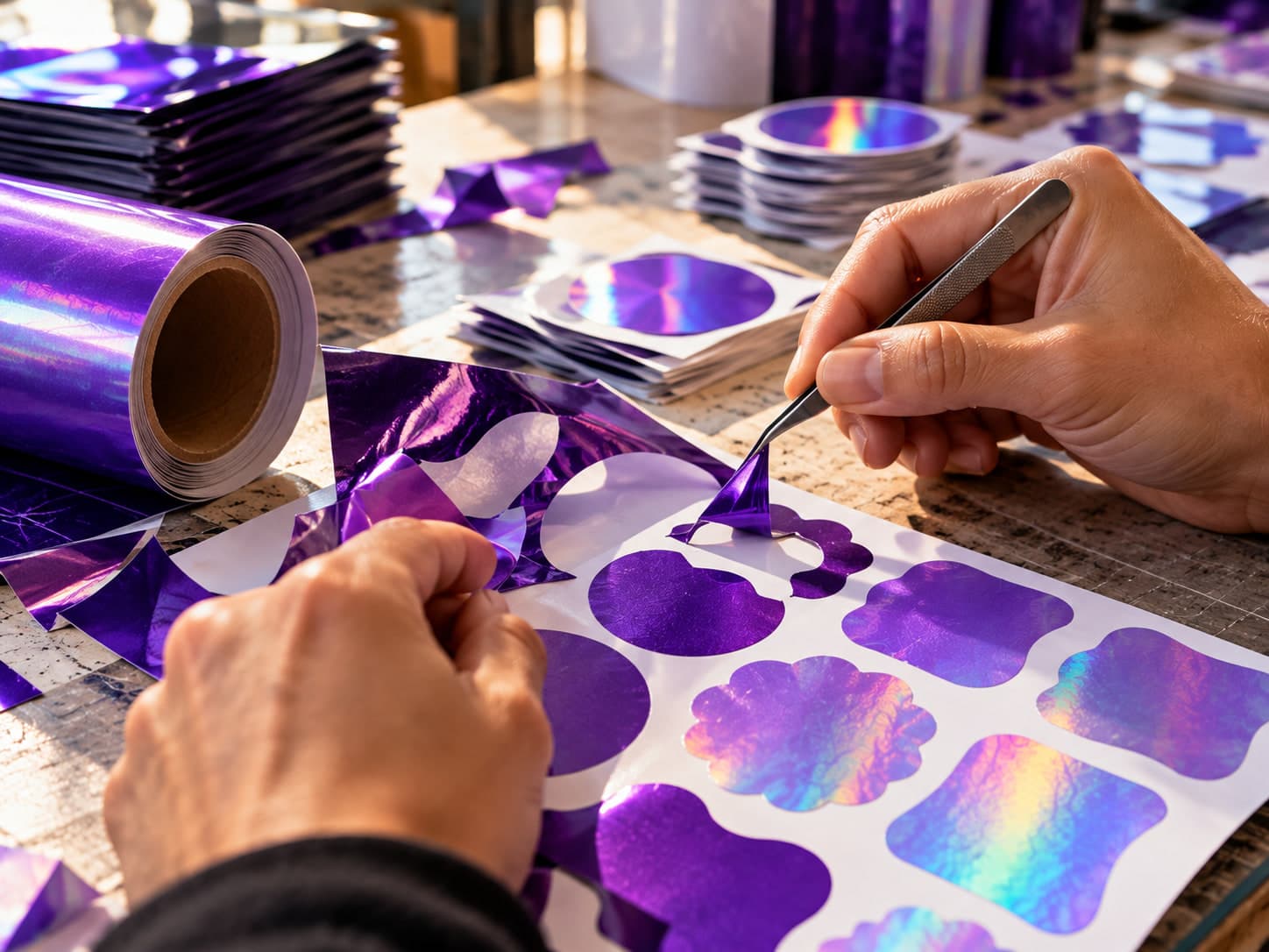 Hands using tweezers to lift excess vinyl from a sheet of freshly cut holographic stickers