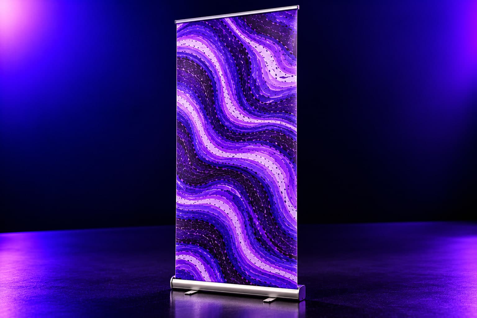 A retractable banner stand with a violet marble-patterned graphic on a dark studio floor