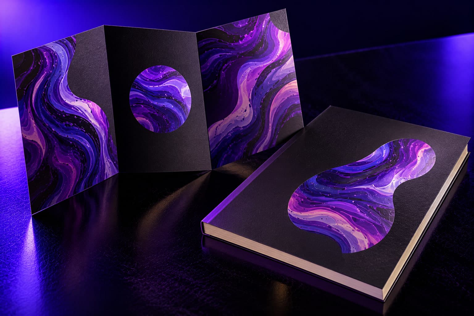 A tri-fold brochure half open beside a perfect-bound catalog with a soft-touch black cover and violet spine