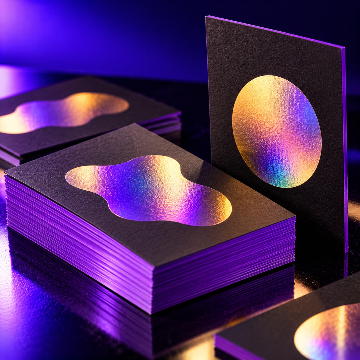 A stack of thick black business cards with holographic foil marks and painted violet edges, one standing on its edge