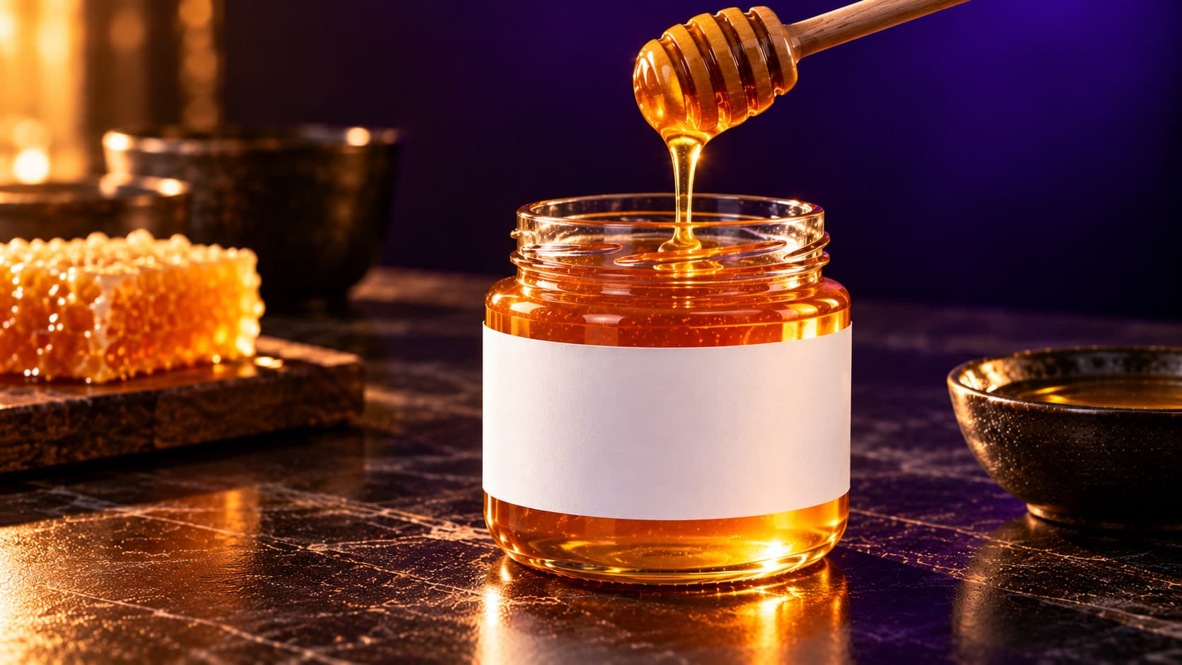 A wooden dipper drizzling honey into a jar with a blank white label, honeycomb on a board behind
