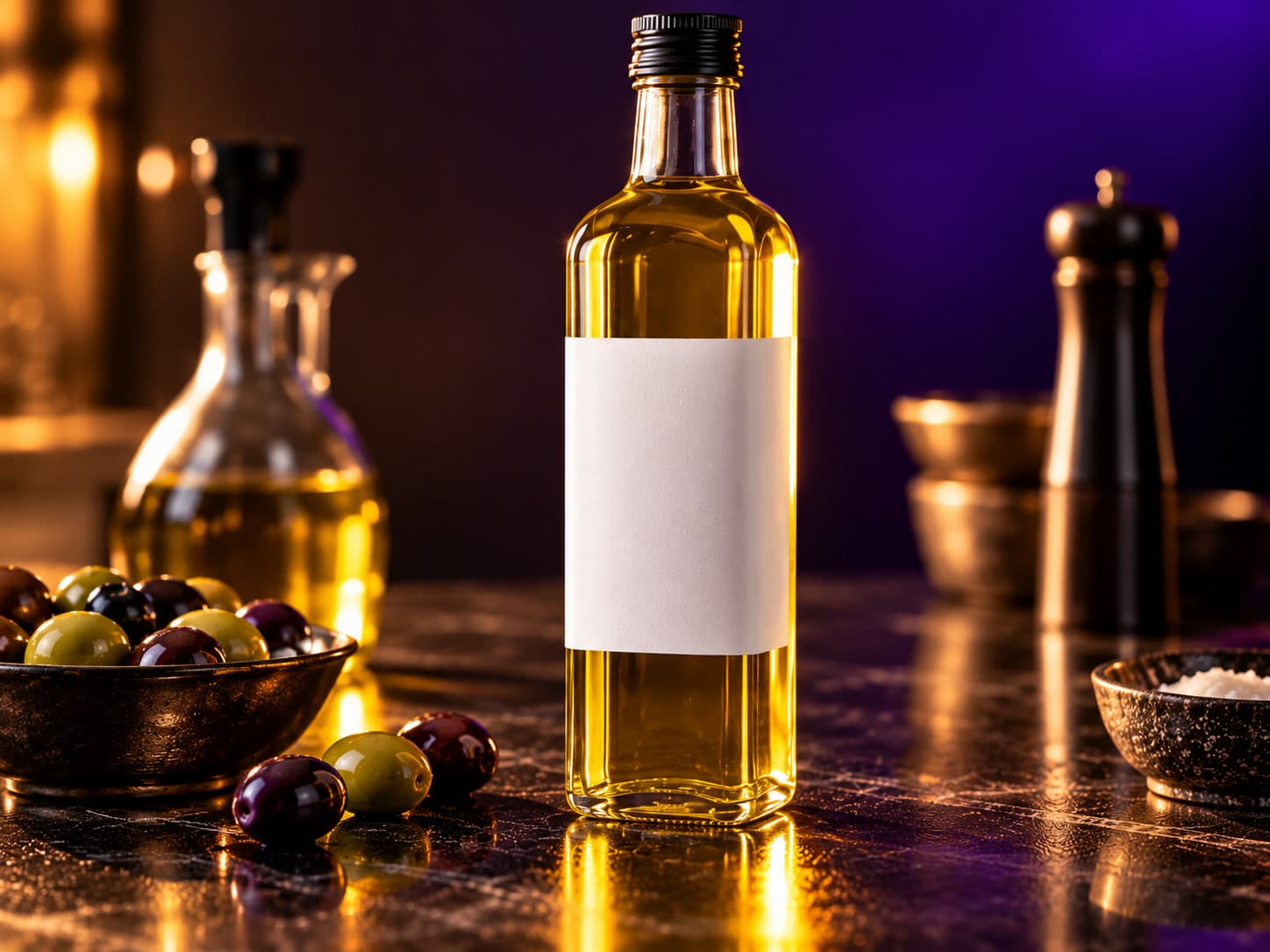 A tall bottle of golden olive oil with a blank white label, a bowl of olives and a pepper mill beside it
