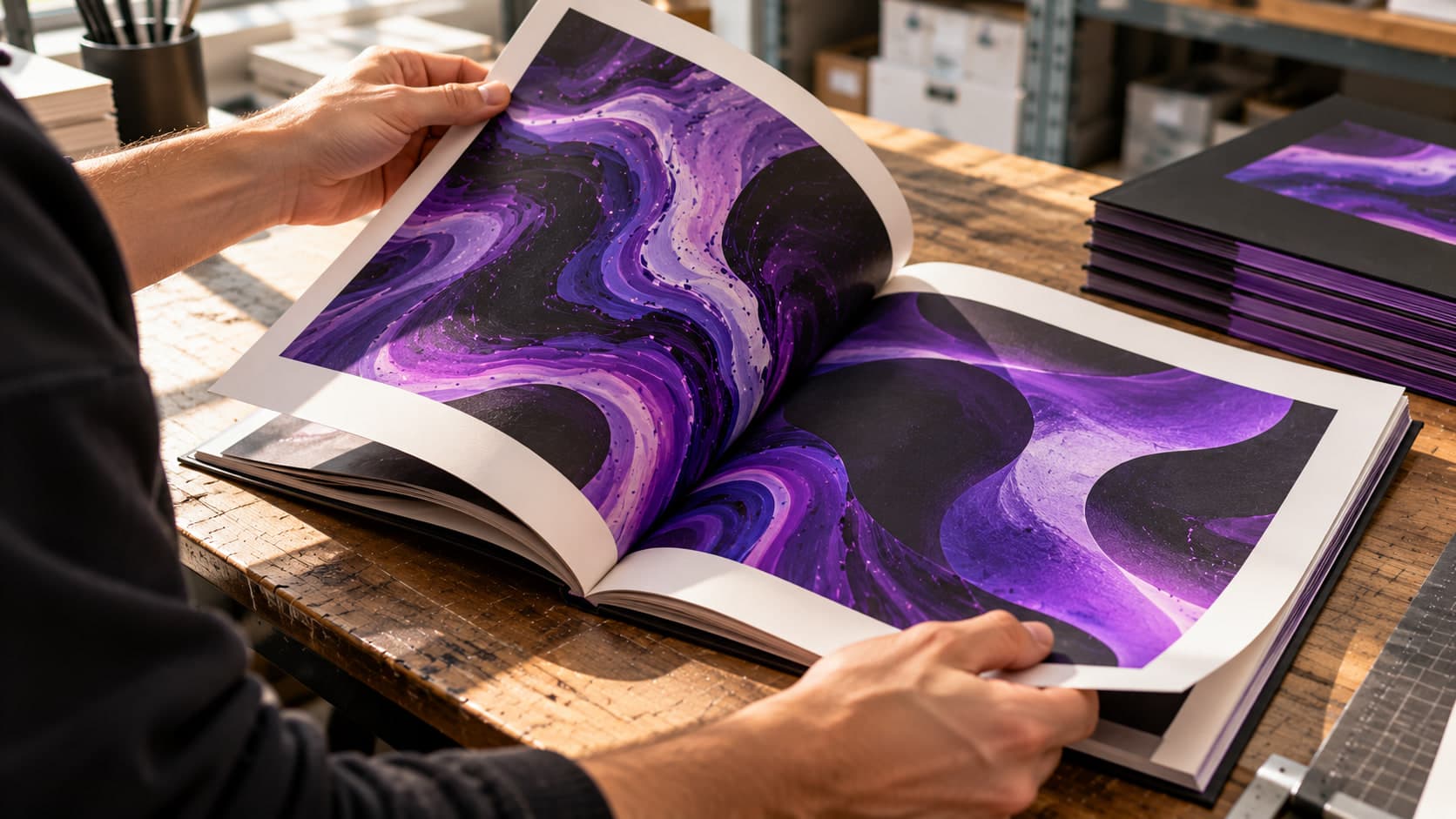 Hands turning the page of a lookbook printed on uncoated stock