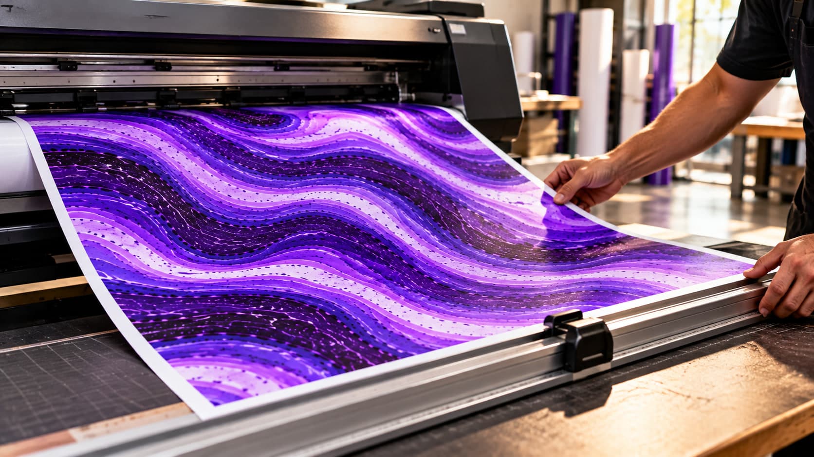 A wide-format violet marble-patterned print feeding off the printer onto a trimming rail, a hand guiding the sheet