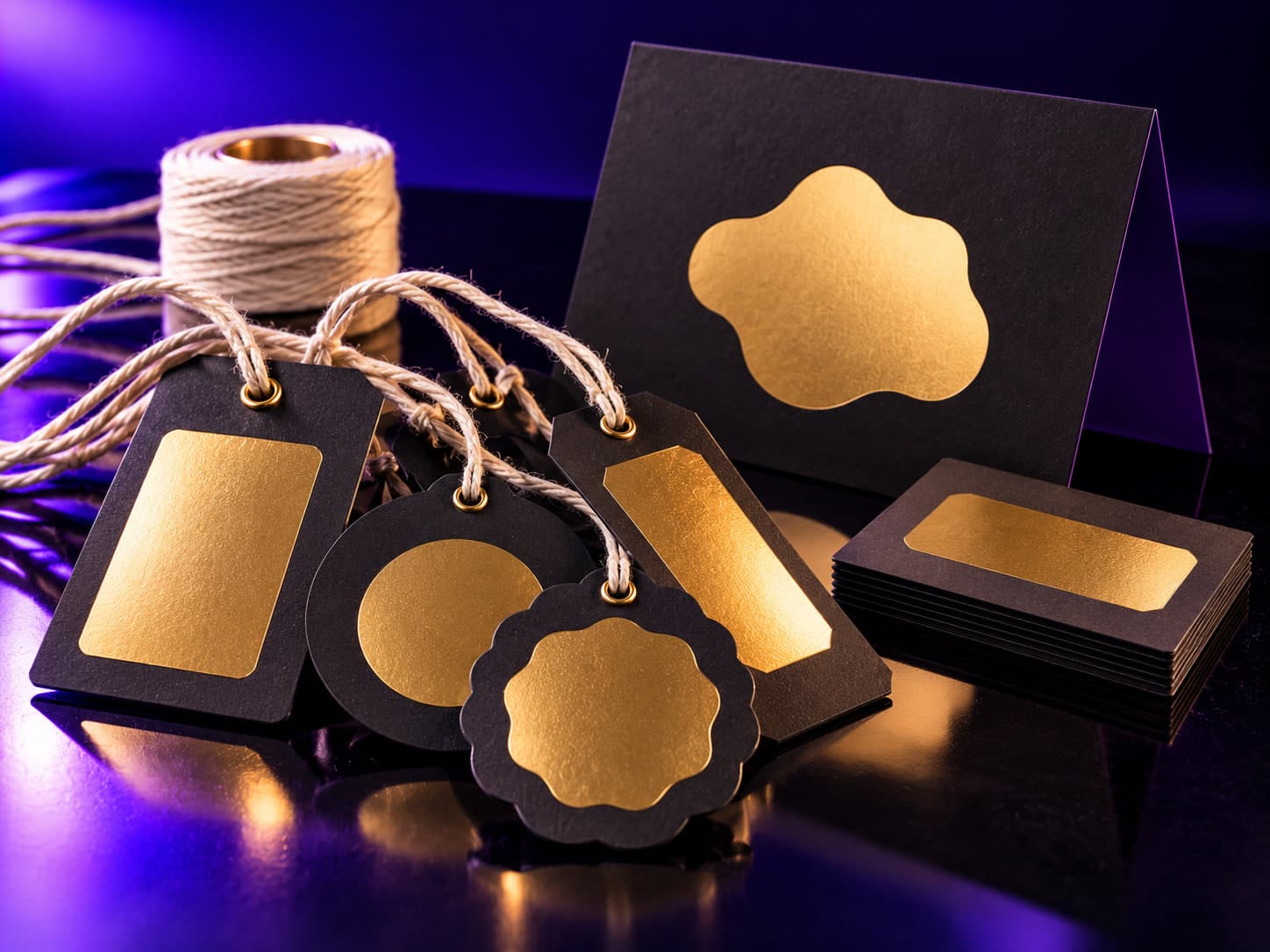 Die-cut black hang tags with gold foil panels and cotton string, beside a folded card and a stack of inserts