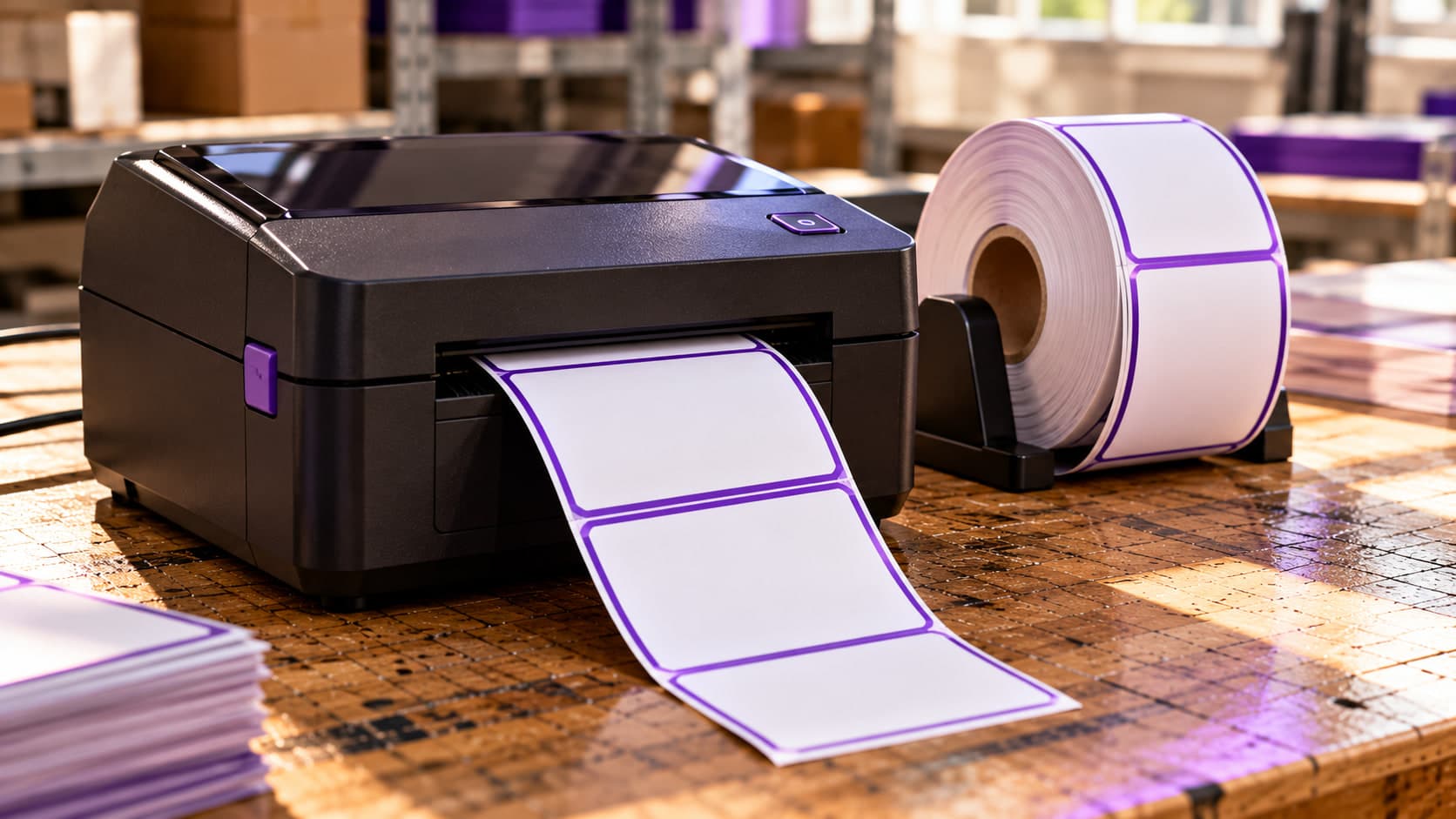 A thermal label printer on the workbench feeding out blank violet-bordered labels, a spare roll on a holder beside it