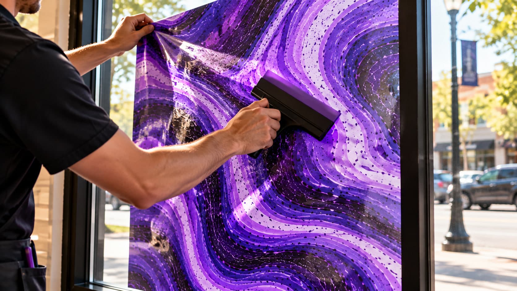 A person squeegeeing a violet marble-patterned graphic onto a storefront window from inside, a sunny street beyond