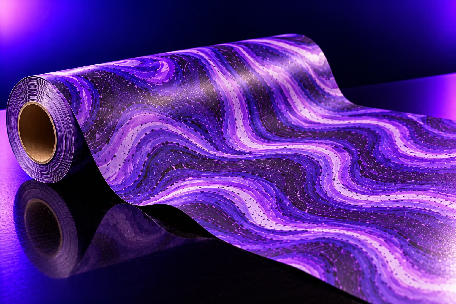 A roll of violet marble-patterned wrapping paper unrolling across a reflective black surface