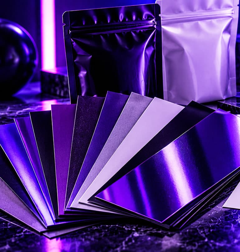 A fan of violet, black, and metallic paper swatches beside black and white pouches