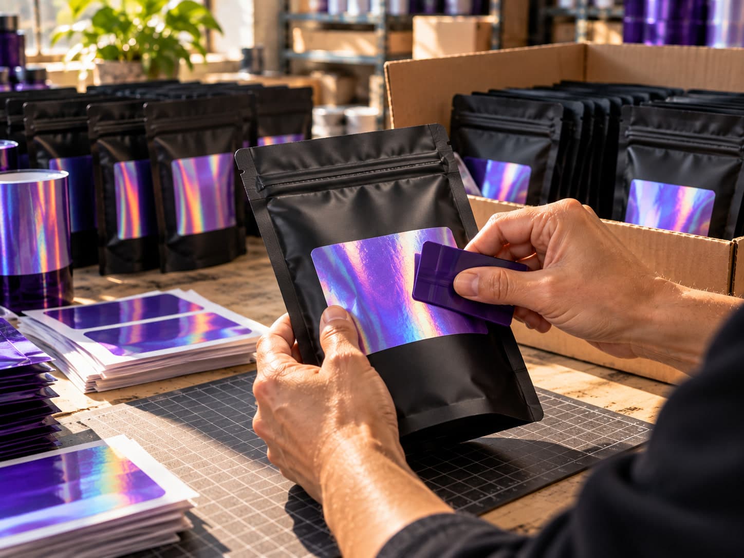Hands pressing a holographic label onto a black stand-up pouch at a workbench, a carton of finished pouches behind