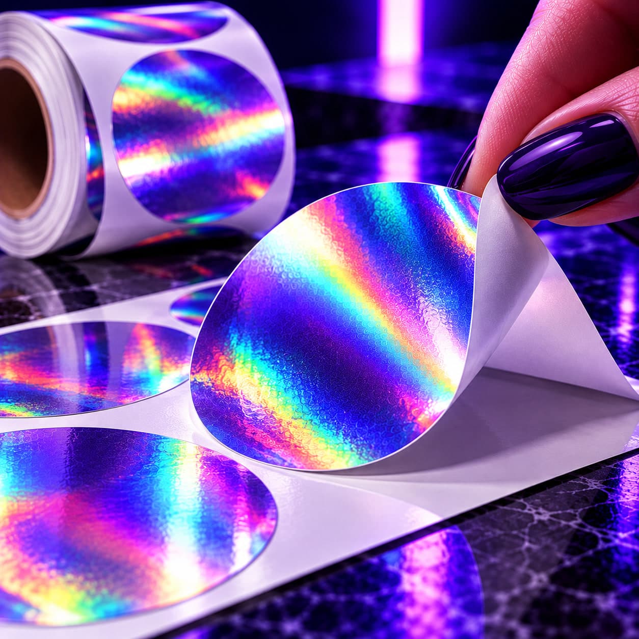 A holographic circle label peeling from a roll