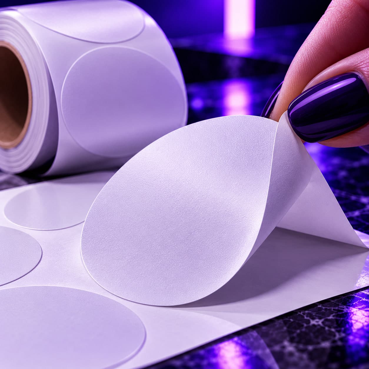 Blank matte white labels on a roll