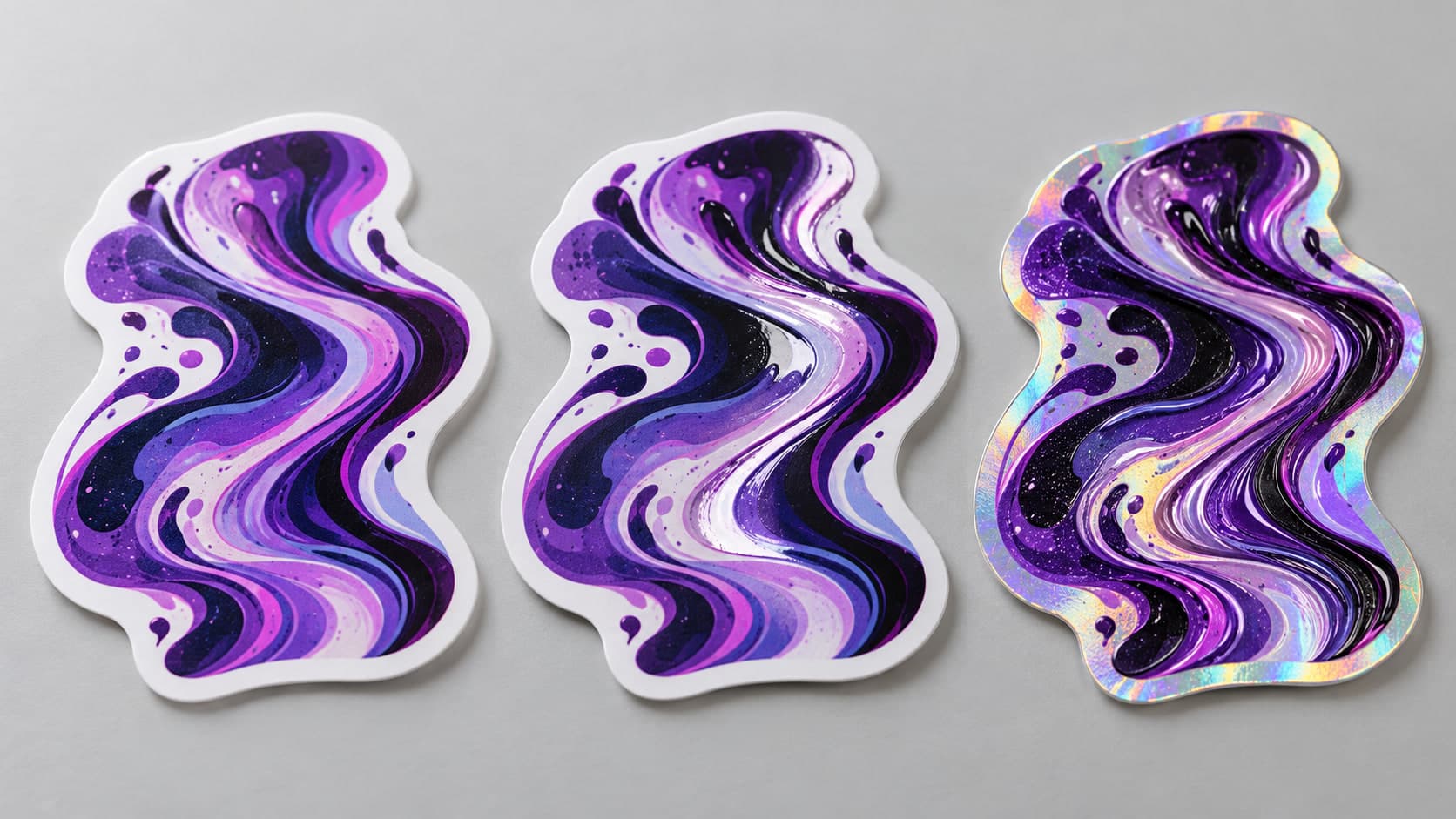 Three die-cut wave labels side by side in matte, gloss, and holographic finishes as a light sweeps across them
