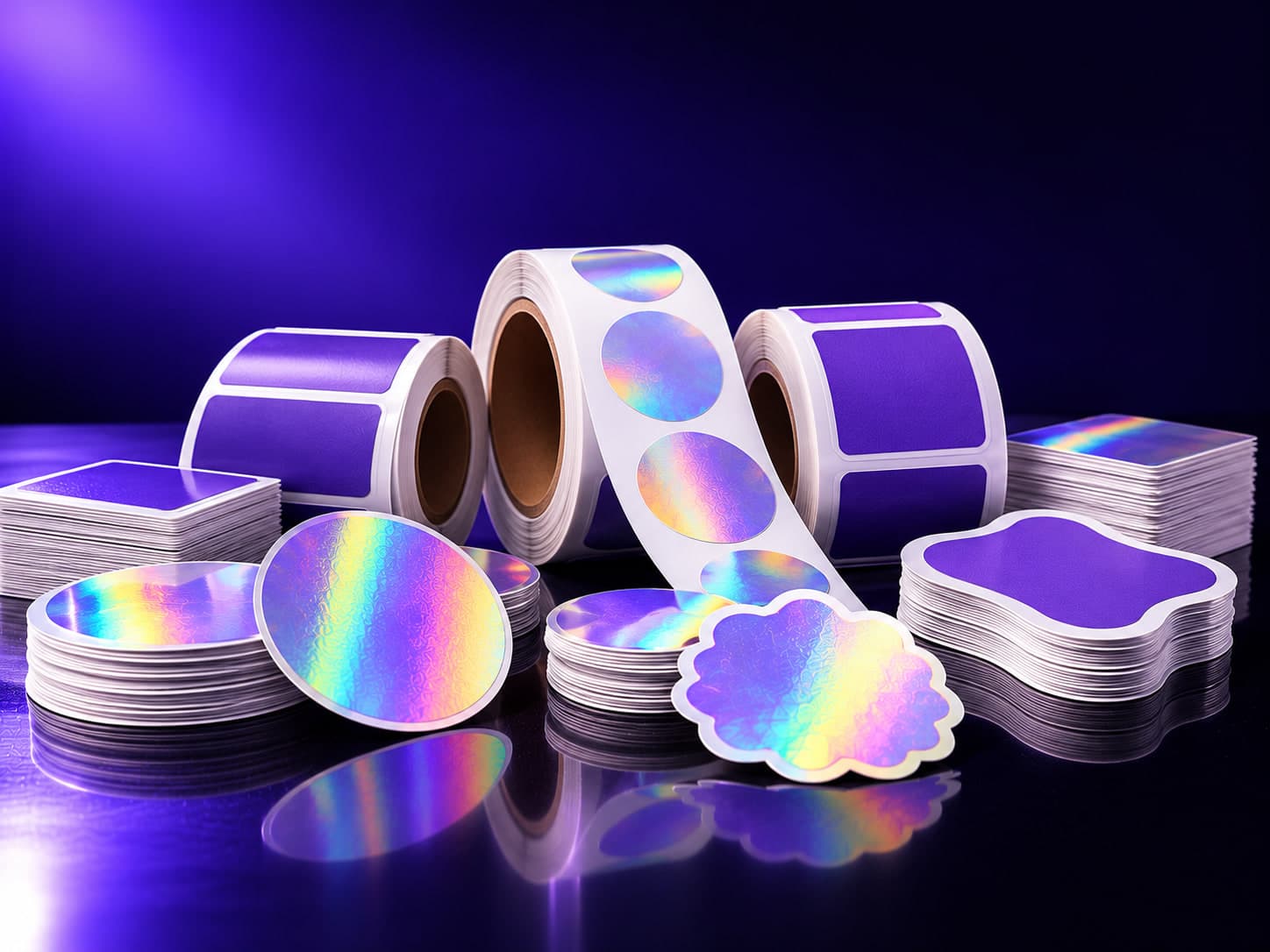 Rolls of violet labels and stacks of holographic die-cut stickers in circles, squares, and scalloped shapes