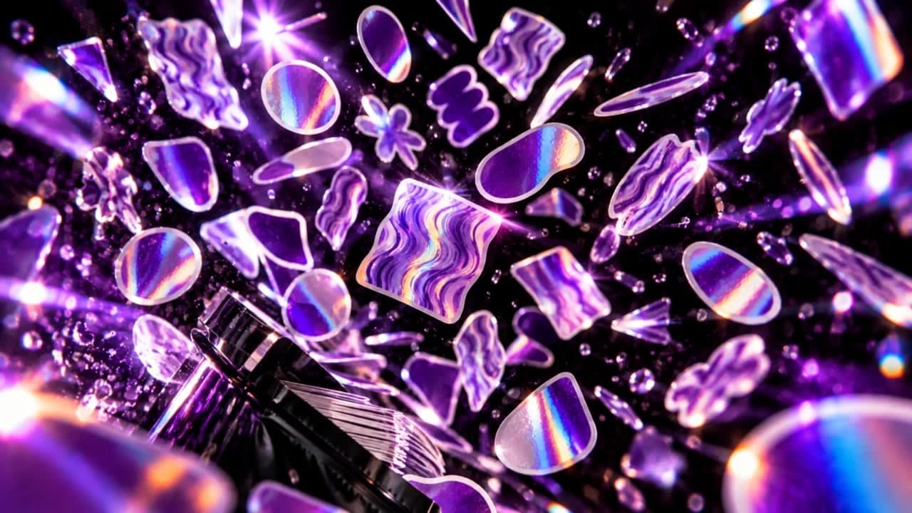 Holographic die-cut stickers tumbling at depth through violet light, framed wide